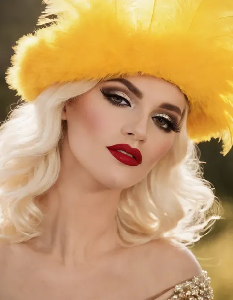 a drag queen in a very outfit holds a yellow feather in her hat, in the style of queencore, rebecca sugar, shiny eyes, beautiful, frenchy, petrina hicks, uniformly staged images, realistic --ar 14:20 --v 5