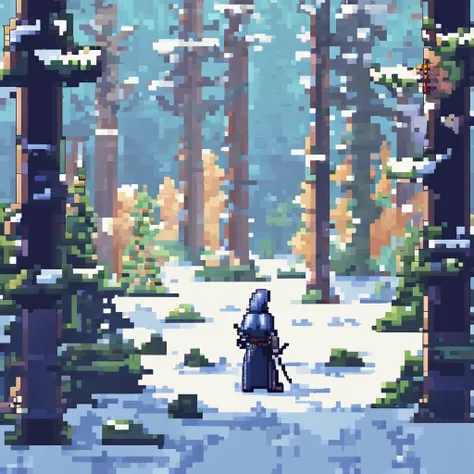 personagem com espada, fundo de floresta nevando