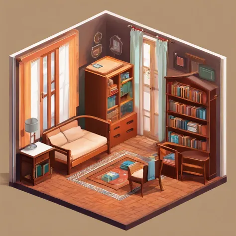 There is a room with ( a bed in the middle of the room ), (a desk with a pencil, a notebook and a textbook), (a chair in front of the desk), (a wardrobe with double doors ), a carpet, a wall clock, a wall painting, (a bookcase with several books on its she...