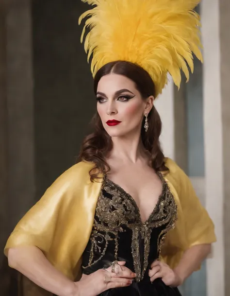 a drag queen in a very outfit holds a yellow feather in her hat, in the style of queencore, rebecca sugar, shiny eyes, beautiful, frenchy, petrina hicks, uniformly staged images, realistic ,(medium shot)