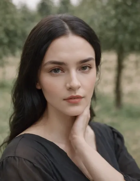 young woman with black hair and a black shirt, in the style of renaissance-style, scanner photography, ivory, cfa voysey, close-up, the helsinki school, natalia goncharova