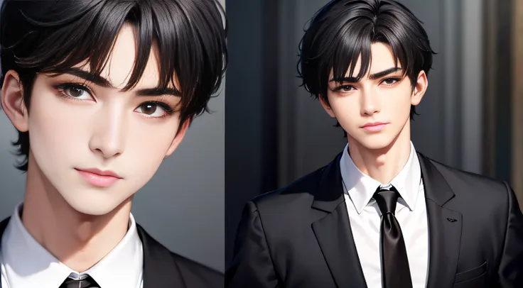 A handsome 18-year-old boy in a black suit, Short black hair and brown eyes:1.5, Mysterious gaze, Incredible facial expressions:1.7, Close-up of the upper body showing facial expressions:1.8, The upper body exudes a soft glow: