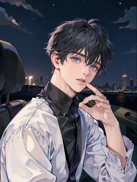 1boy,10 talents、(Mans :2) ,Handsome boy,A dark-haired、(Upper body naked:1.5)、mid night 、Inside the car、dark ilumination、hightquality、masutepiece,8K,NSFW,