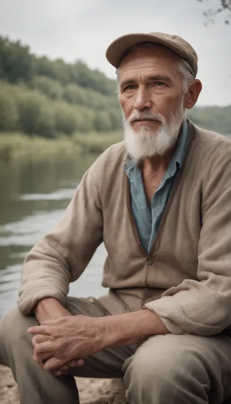 Old fisherman SITTING BY THE RIVER , professional color grading, soft shadows, no contrast, clean sharp focus, film photography