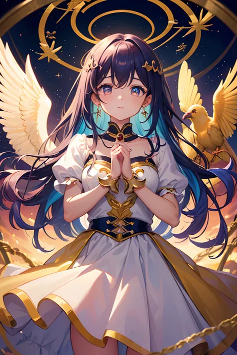 A group of 5 magical girls (mahou shoujo group) flying together around a round and golden bird cage where a beautiful bird is trapped and a chaotic and multicolored sky in the background and over them evil eyes of a chaotic and multicolored witch, perfect ...