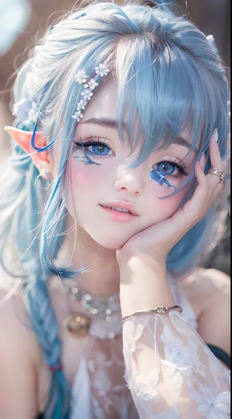 ((best quality))) (((HD))) (((8k))) (character) 20-year-old girl dynamic seductive close-up poses, ((adventurous)) elf, ((beautiful)) and ((happy)), ((blue and white hair)) and ((long hair)).