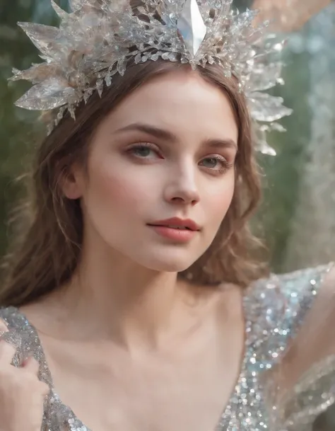 a girl with silver/effervescent headpieces, in the style of colorful vibrations, wavy resin sheets, joyful chaos, close-up, glitter, transparent/translucent medium, multilayered