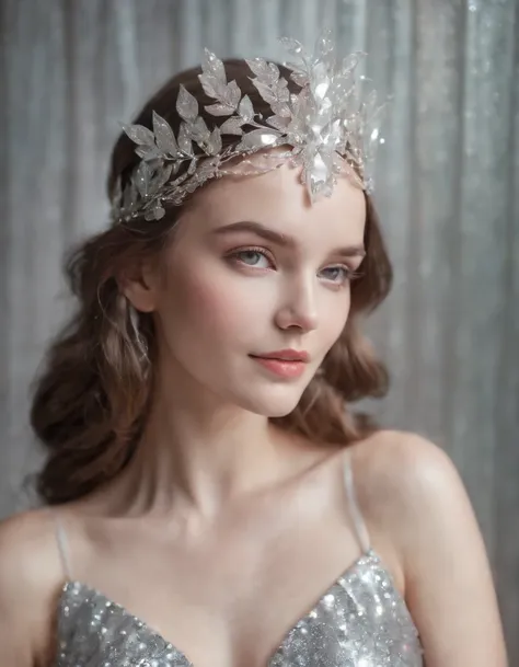 a girl with silver/effervescent headpieces, in the style of colorful vibrations, wavy resin sheets, joyful chaos, close-up, glitter, transparent/translucent medium, multilayered