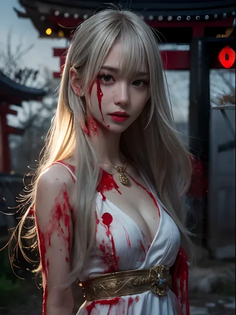 8K, Raw photo, Photorealistic, Realistic, (Detailed skin, Best Quality:1.2), ((White long hair:1.4, blunt bangs)), ((bloody dress:1.5)), (flat chest:1.5, Fairer skin, skinny body), bloody face, Teenage Japanese girl, abandoned shrine at night, red Torii ga...