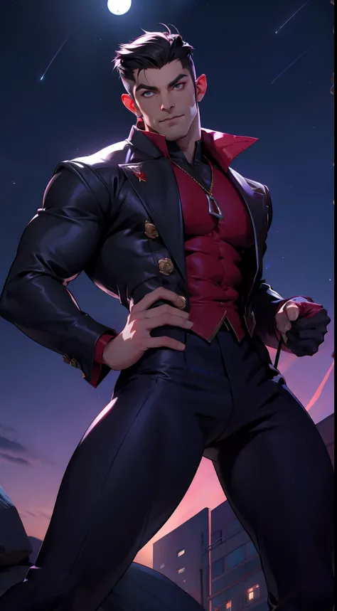 Male muscle vampire flying in a night sky tight clothing