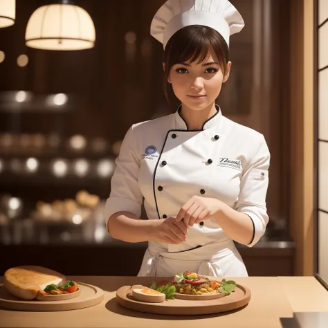 masutepiece, Super Detail, High quality, awardwinning, 8K, (girl), Solo, European, Famous restaurant chef, Portrait Style, In the kitchen of a restaurant, in paris, Natural light, Detailed fingers