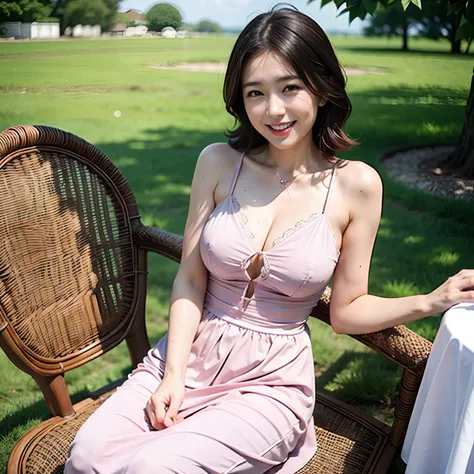 30 year old woman in summer dress smiling at camera