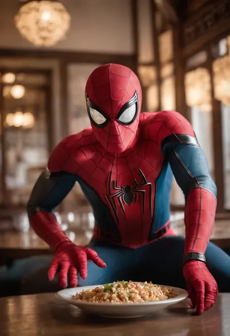 Cinematographer, ultra realista, Ropa detallada, Bellamente detallado, UHD, HDR, Altas Resoluciones, ultra detallado, Detalles intrincados, Efectos texturales, absurdos, obra maestra, 8k:1.2. En esta imagen, vemos a Spider-Man en un inusual descanso de sus...