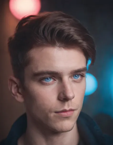 a young man with pink and blue eyes is photographed with his hair, in the style of neon realism, light and shadow play, layered imagery, volumetric lighting, split toning, surreal human figures, goerz hypergon 6.5mm f/8