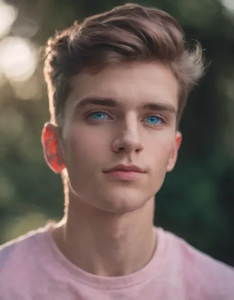 a young man with pink and blue eyes is photographed with his hair, in the style of neon realism, light and shadow play, layered imagery, volumetric lighting, split toning, surreal human figures, goerz hypergon 6.5mm f/8