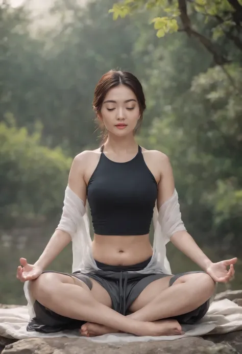 (Master parts:1.2),Best quality,Pisif,Taoist,(Meditation:1.1), soio,A sexy girl ,Meditation cross-legged， Sweat all over your body, floats，Transparent,Realistic