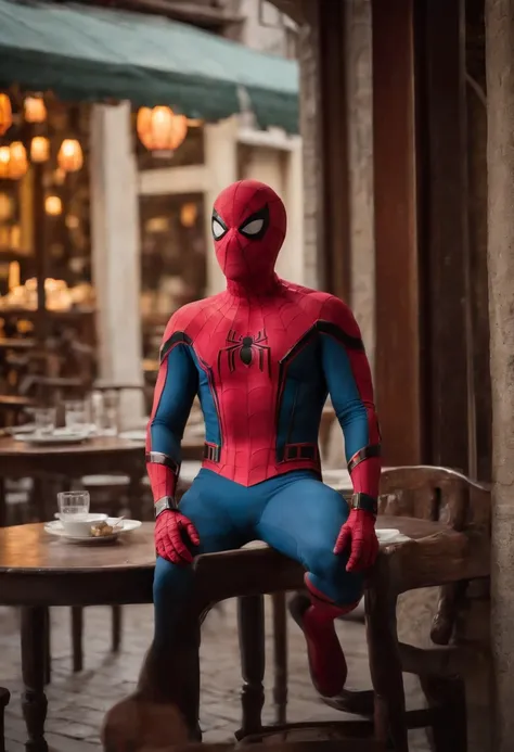 Cinematographer, ultra realista, Ropa detallada, Bellamente detallado, UHD, HDR, Altas Resoluciones, ultra detallado, Detalles intrincados, Efectos texturales, absurdos, obra maestra, 8k:1.2. En esta imagen, vemos a Spider-Man en un inusual descanso de sus...