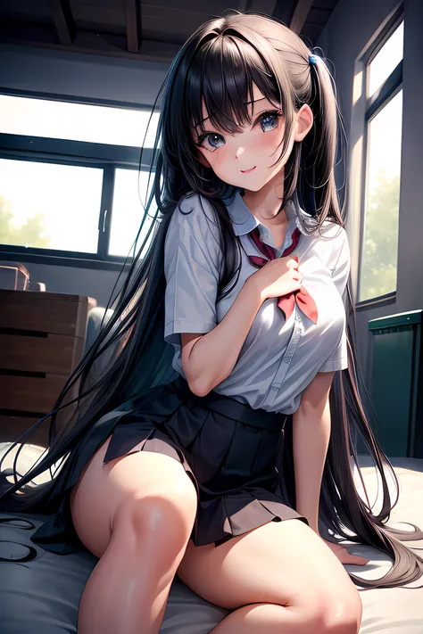 (masterpiece, best quality, highres, UHD, perfect pixel) 1girl, black hair, long hair, wallpaper, school girl