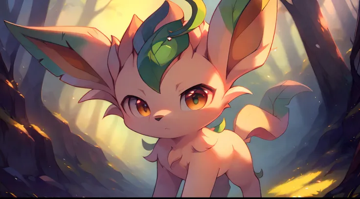 forest, (chibi)
((leafeon)), [[yellow_body, sharp_tail，light green hair]], (((quadruped, feral, canid, canine))), hind_limbs, (p...