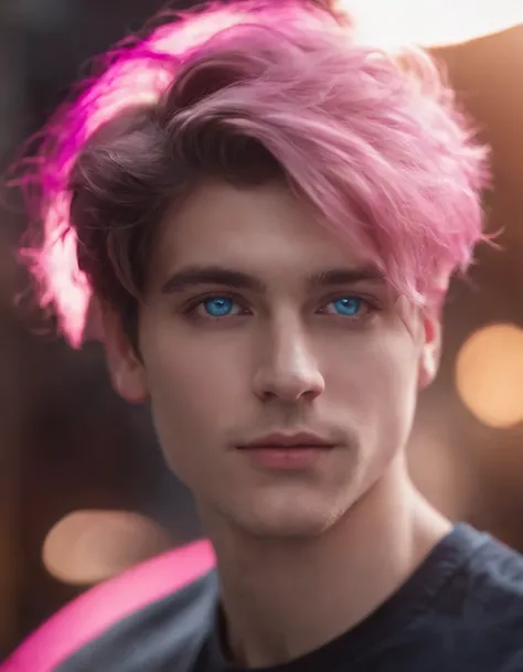 a young man with pink and blue eyes is photographed with his hair, in the style of neon realism, light and shadow play, layered imagery, volumetric lighting, split toning, surreal human figures, goerz hypergon 6.5mm f/8 (medium shot)