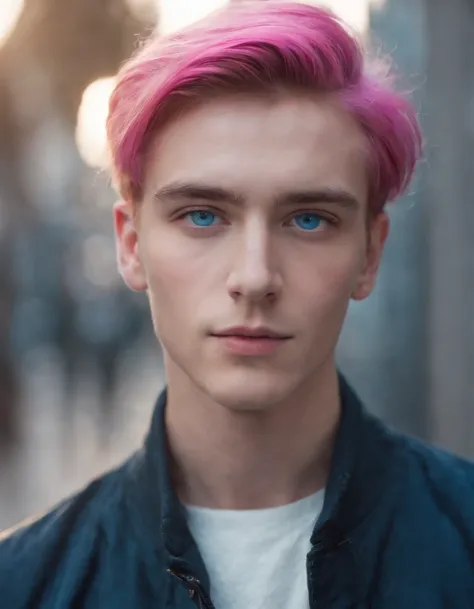 a young man with pink and blue eyes is photographed with his hair, in the style of neon realism, light and shadow play, layered imagery, volumetric lighting, split toning, surreal human figures, goerz hypergon 6.5mm f/8 (medium shot)