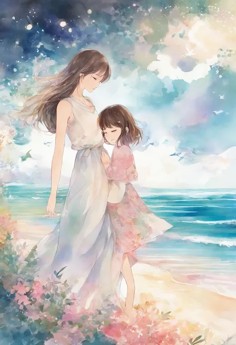 beachside，Light watercolor，Warm picture of mother holding childs hand，Characters only make up one-fourth of the picture，Bright white background，dream magical，