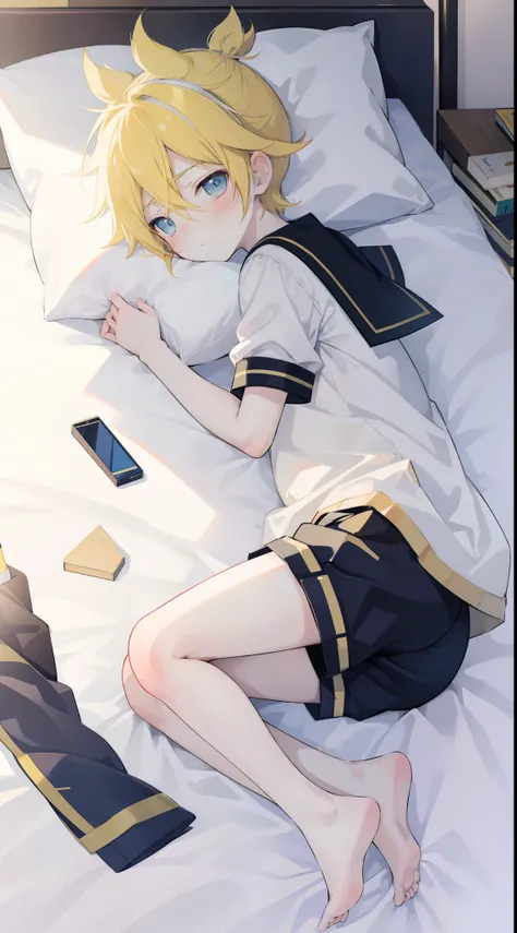 one boy, Kagamine Len, sailor uniform, short pants, lying on bed, (blush), cowlick, close to boy, moody light, look at you, be dazed, beautiful legs