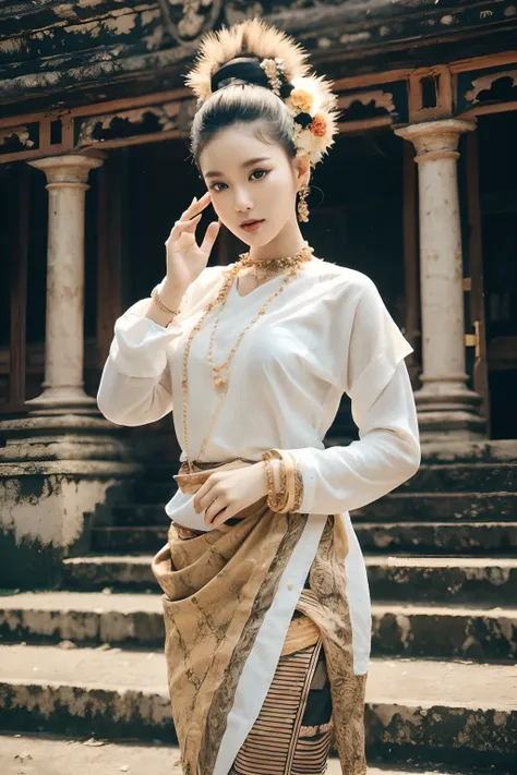 mmtd burmese patterned traditional dress lady full body details, golden color dress, burmese hair style, wearing ornaments, perf...