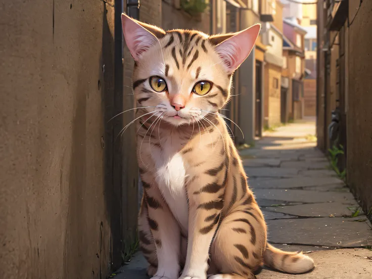 Light brown hairless cat with dark spots sitting in the middle of a dark alley with a sore paw and tears in its eyes