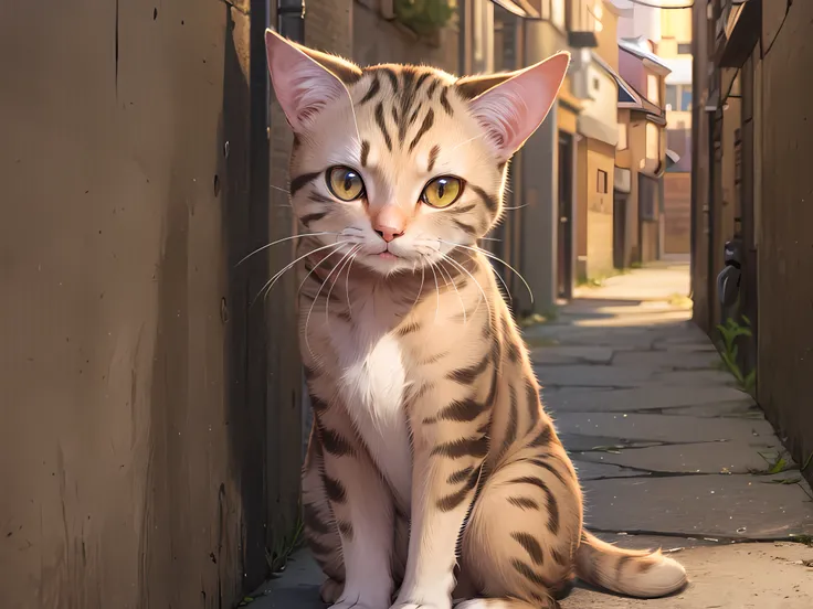 Light brown hairless cat with dark spots sitting in the middle of a dark alley with a sore paw and tears in its eyes