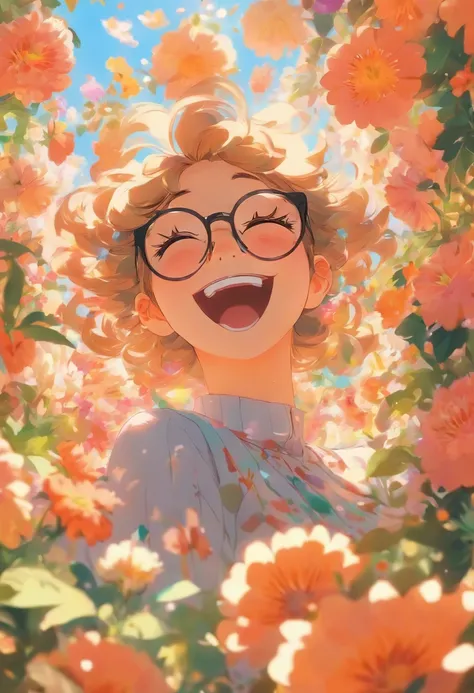 Girl with small eyes in the shade of glasses，Laugh happily，The back is surrounded by many flowers