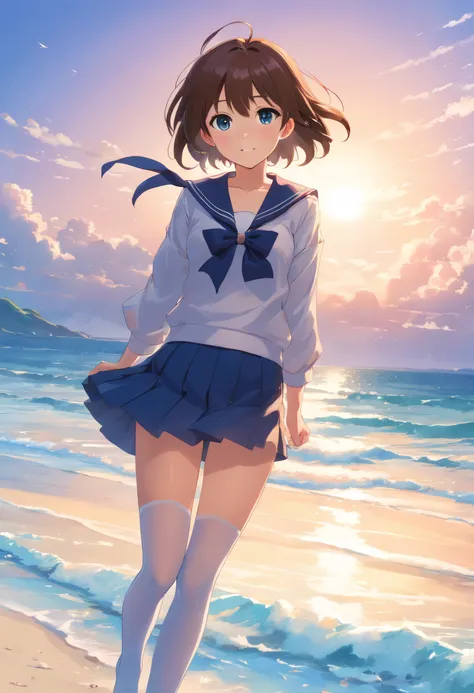 1girll, Beautiful detailed eyes, Brown hair long, Light blue eyes, a sailor suit, High White Stockings, Glossy glossy skin, seaside, Beach, vague, High contrast,ssmile，Side Body，turn back，No headgear，Black JK Skirt ，((masutepiece, Best Quality))