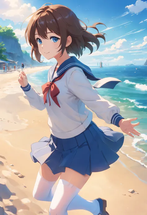 1girll, Beautiful detailed eyes, Brown hair long, Light blue eyes, a sailor suit, High White Stockings, Glossy glossy skin, seaside, Beach, vague, High contrast,ssmile，Side Body，turn back，No headgear，Black JK Skirt ，((masutepiece, Best Quality))