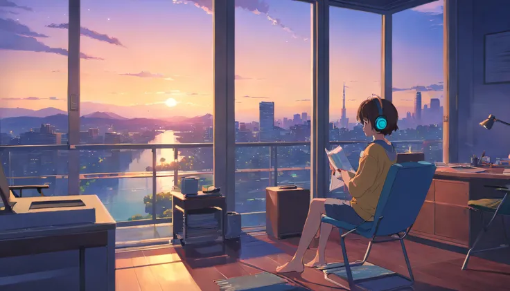 portlate、512、lo fi、Girl in headphones sitting on a chair、Take a nap at your desk、Eyes closed、City view outside the window、early evening、PastelColors、Painting