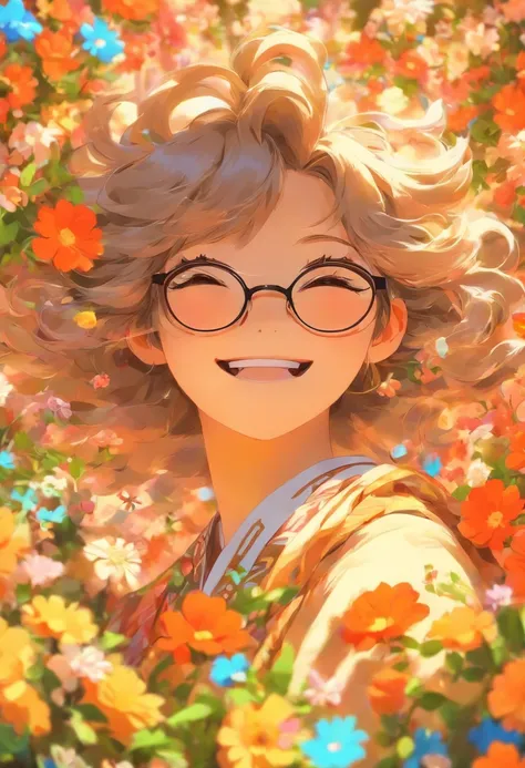 Girl with small eyes with glasses，The hair is medium long，Qi Yin，ssmile，The back is surrounded by many flowers