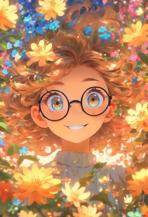 Girl with small eyes with glasses，The hair is medium long，Qi Yin，ssmile，The back is surrounded by many flowers