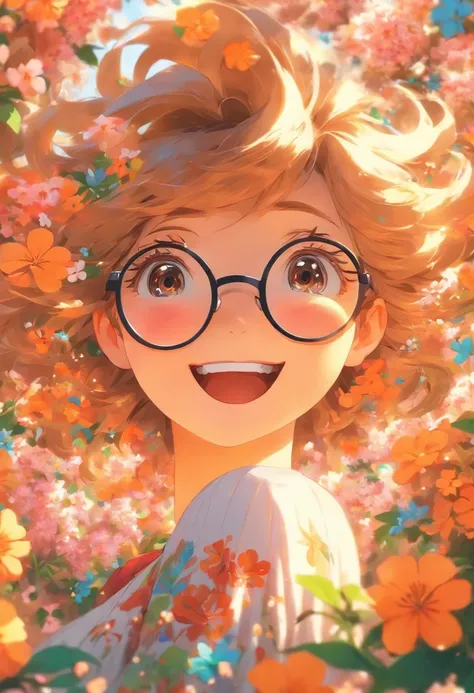 Girl with small eyes with glasses，The hair is medium long，Qi Yin，ssmile，The back is surrounded by many flowers