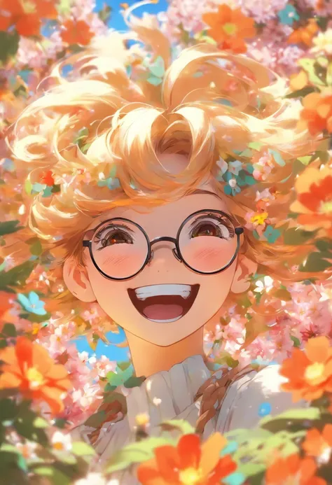 Girl with small eyes with glasses，The hair is medium long，Qi Yin，ssmile，The back is surrounded by many flowers