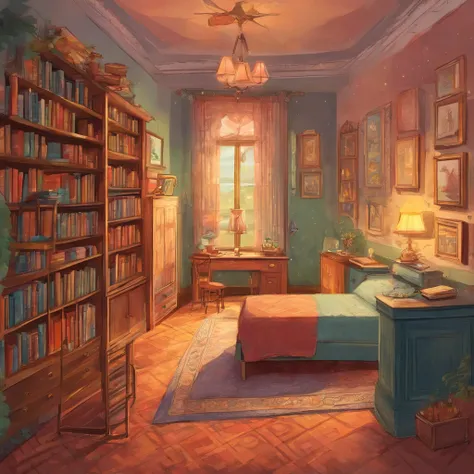 There is a boys room with ( a bed in the middle of the room ), (a desk with a pencil, a notebook and a textbook), (a chair in front of the desk), (a wardrobe with double doors ), a carpet, a wall clock, a wall painting, (a bookcase with several books on it...