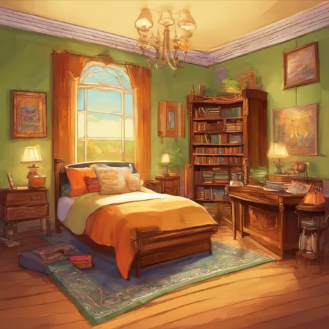 There is a boys room with ( a bed in the middle of the room ), (a desk with a pencil, a notebook and a textbook), (a chair in front of the desk), (a wardrobe with double doors ), a carpet, a wall clock, a wall painting, (a bookcase with several books on it...