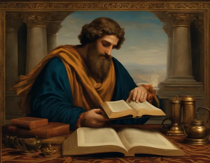 imagem de um homem sentado em uma mesa com um livro, Hefesto, Arquimedes, philosopher, O Deus Hefesto, Chiaroscuro estudioso, Directed by: Adriaen Hanneman, theophanes, artistic depiction, portrait of aristotle, filosofia, Directed by: Giorgio De Vincenzi,...