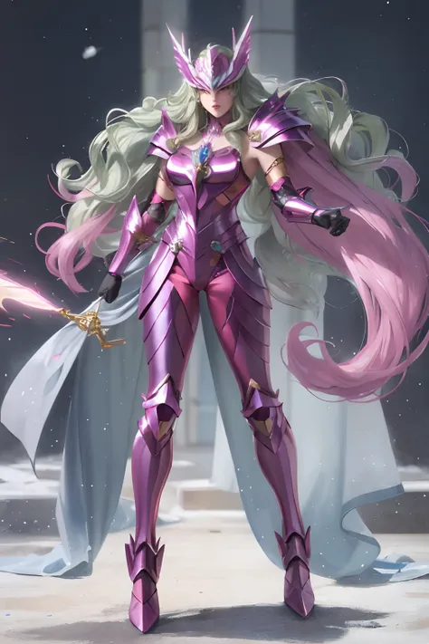 realistic image 8k, 1 beautiful girl full body of (long wavy green hair), slim waist, (saint seiya shun andromeda armor of metallic pink color), (helmet  metallic pink color)