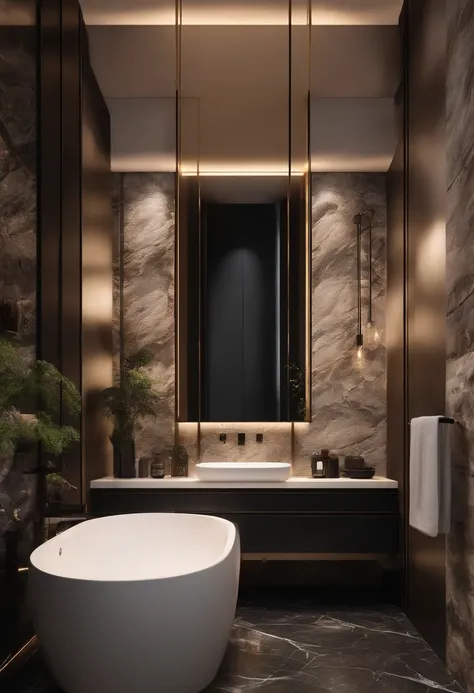 modern bathroom, Panda stone book match on wall, hyper realistic, 8k, high detailed, high quality