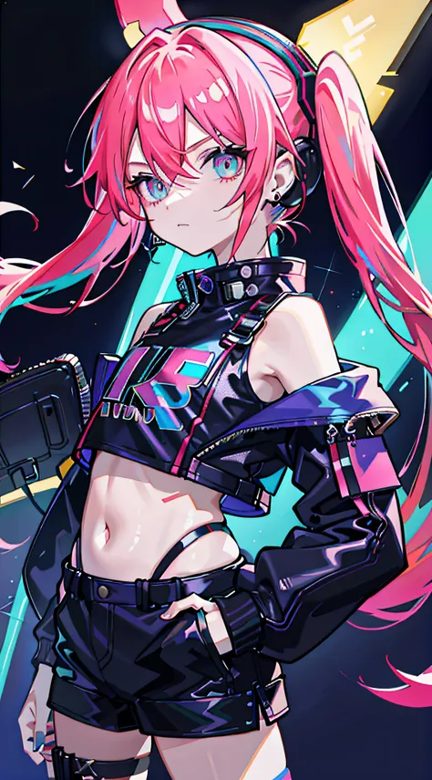 masutepiece, best quality, colorful, teenager with colorful pigtails wearing detailed leather jacket and anime t-shirt touching ...