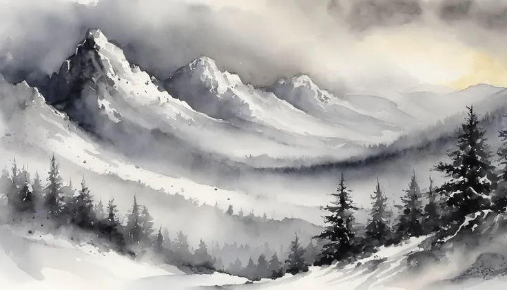 (masutepiece、In a night blizzard, Steep snowy mountains towering in front of you emerge in the dim light)::Style (ink and watercolor painting、grayscales)