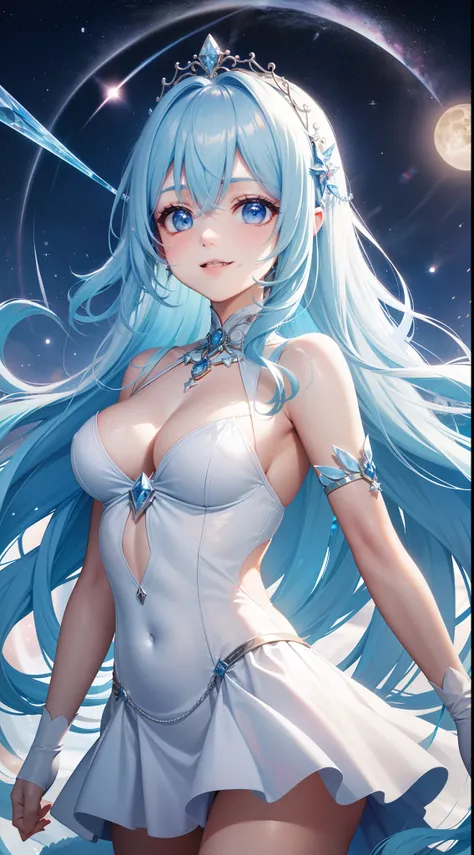 Super Idol　a beauty girl　A charming smile　sky blue hair　length hair　Bright red and white costume　Mystical　Fantasia　constellation　a moon　Crystal brilliance

Spirit of Polar Light
World of ice and snow
The power of light and magic
Symbol of good luck or bles...