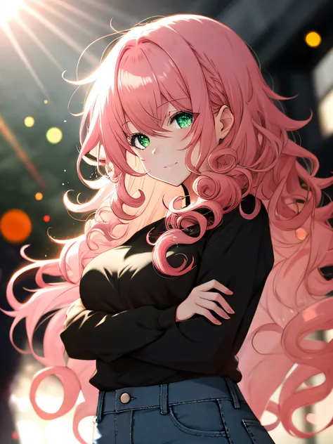 a girl, black shirt, jeans, sun glare, bokeh, depth of field, blurry background, light particles, strong wind, pink hair, long curly pink hair green eyes, curly hair