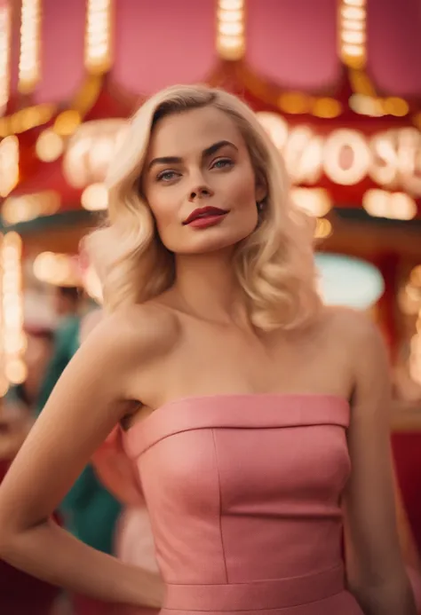 60s　retro-futuristic　An amusement park　natta　femele　full bodyesbian　high fashion　swedish, face of margot robbie　a blond　Pink Chanel Suit　20yr old　merry-go-round wide angle, sexy hyper realistic, fashion photography, wes anderson