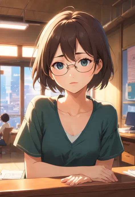 (best quality, high resolution), upper body portrait of a girl sitting in front of a wooden desk, wearing a black V-neck short-sleeved shirt and round metal-frame glasses. She is a Chinese girl with her hair tied back, and she rests her left hand on the mo...