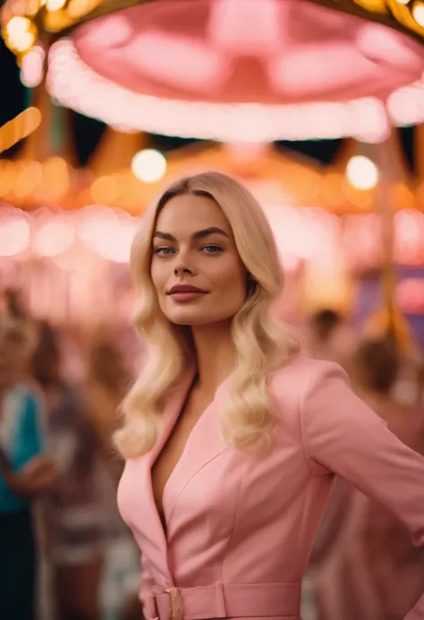 60s　retro-futuristic　An amusement park　natta　femele　full bodyesbian　high fashion　swedish, face of margot robbie　a blond　Pink Chanel Suit　20yr old　merry-go-round wide angle, sexy hyper realistic, fashion photography, wes anderson